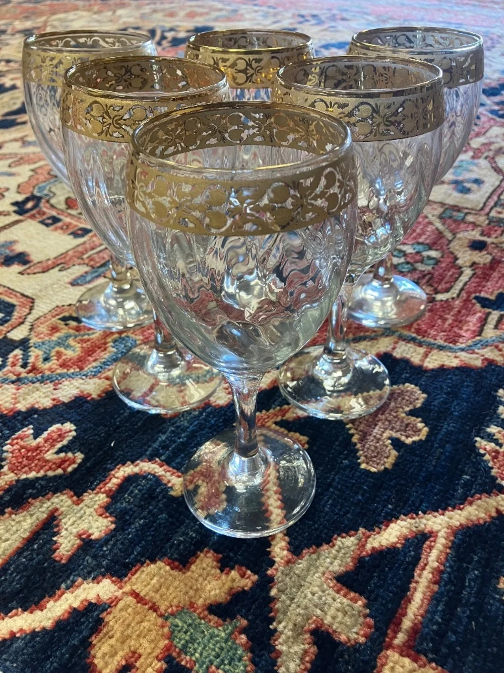 Vintage Authentic Italian Murano Hand Blown 24K Gold Rimmed Wine Glass Set of 6